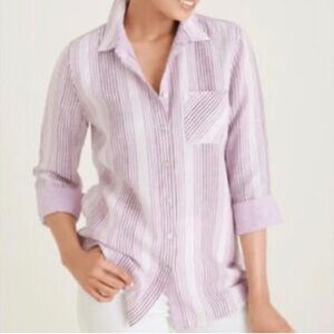Chicos Purple and White Linen Button up Top